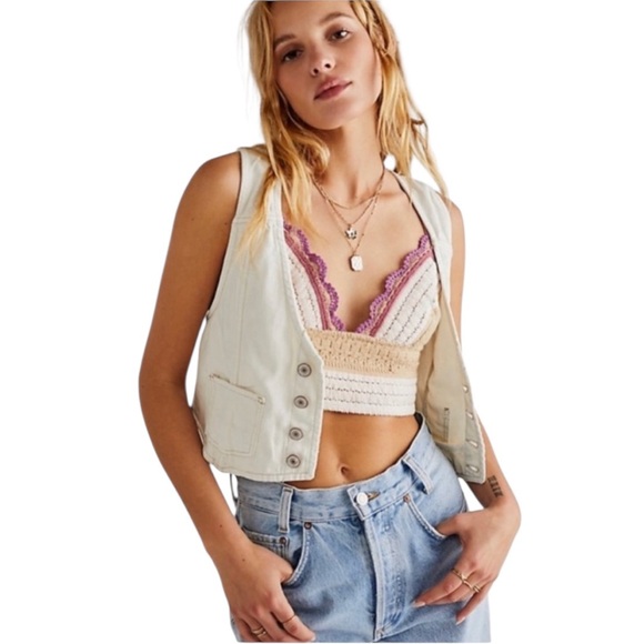 Free People Another Weekend Longline Lace Crochet Cream Tan Purple Bralette L - Picture 9 of 9